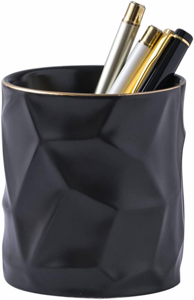 Ceramic Irregular Round Pen Holder For Desk Cute Stand Gold Line Aesthetic Pencil Cup Pot Desk Organizer for Men Women Makeup Brush Holder (Black)
