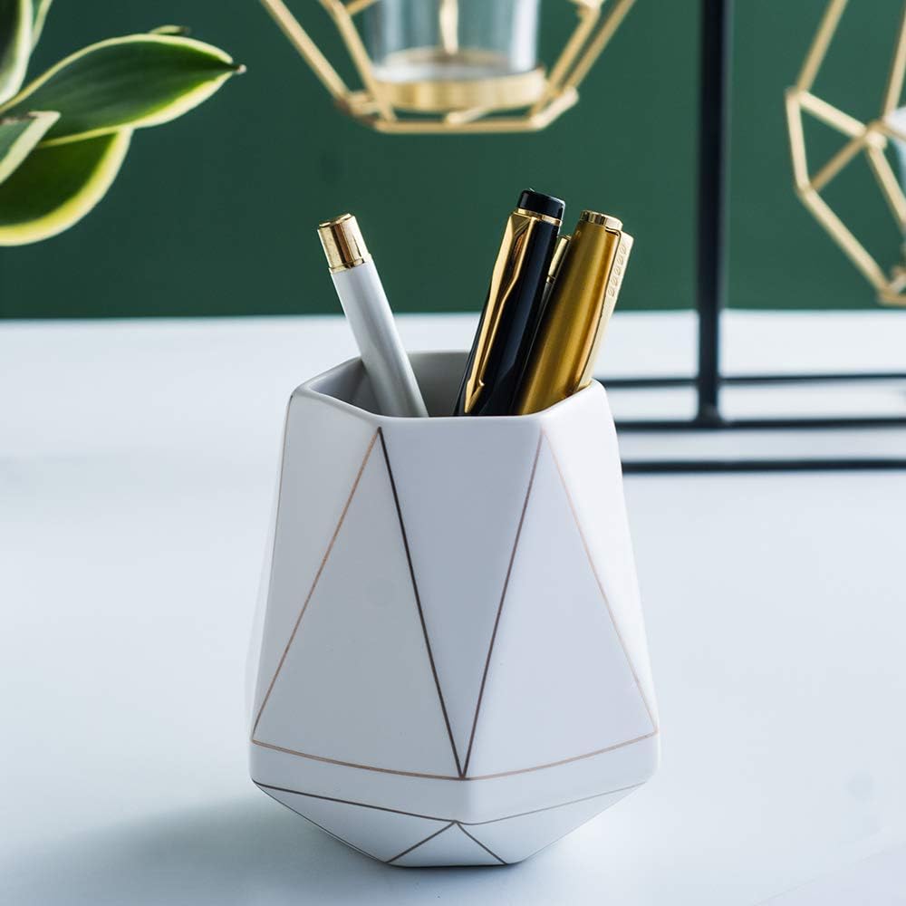 Ceramic Desk Cute Pen Holder Stand Gold Line Pencil Cup Pot Desk Organizer Makeup Brush Holder (White) - Image 2
