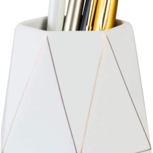 Ceramic Desk Cute Pen Holder Stand Gold Line Pencil Cup Pot Desk Organizer Makeup Brush Holder (White)