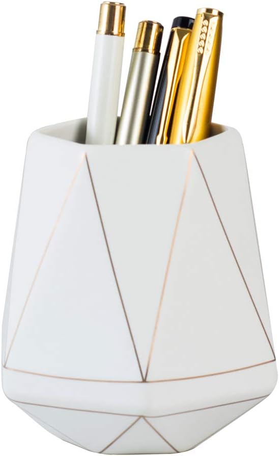 Ceramic Desk Cute Pen Holder Stand Gold Line Pencil Cup Pot Desk Organizer Makeup Brush Holder (White)