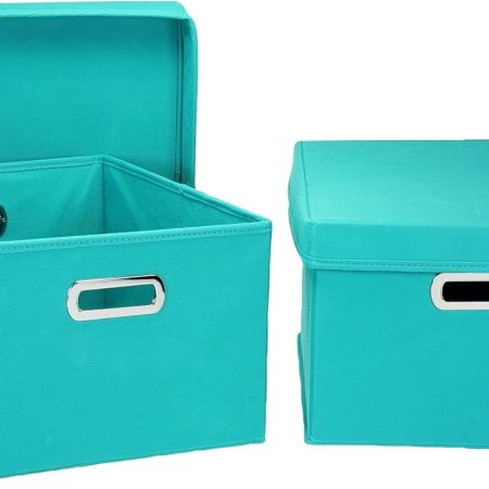 Fabric Storage Boxes with Lids and Handles, Aqua