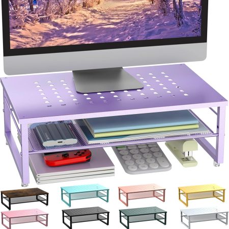 2-Tier Metal Monitor Stand Riser, Office Desk Storage Organizer for Computer Monitor, Laptop, Printer, Office Supplies (Purple)