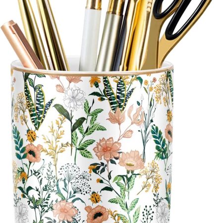 Large Capacity Colored Pen Holder for Desk, Ceramic Pencil Holder Pen Cup Marker Holder Makeup Brush Holders, Desk Accessories & Workspace Organizers for Home, Office, White Flower