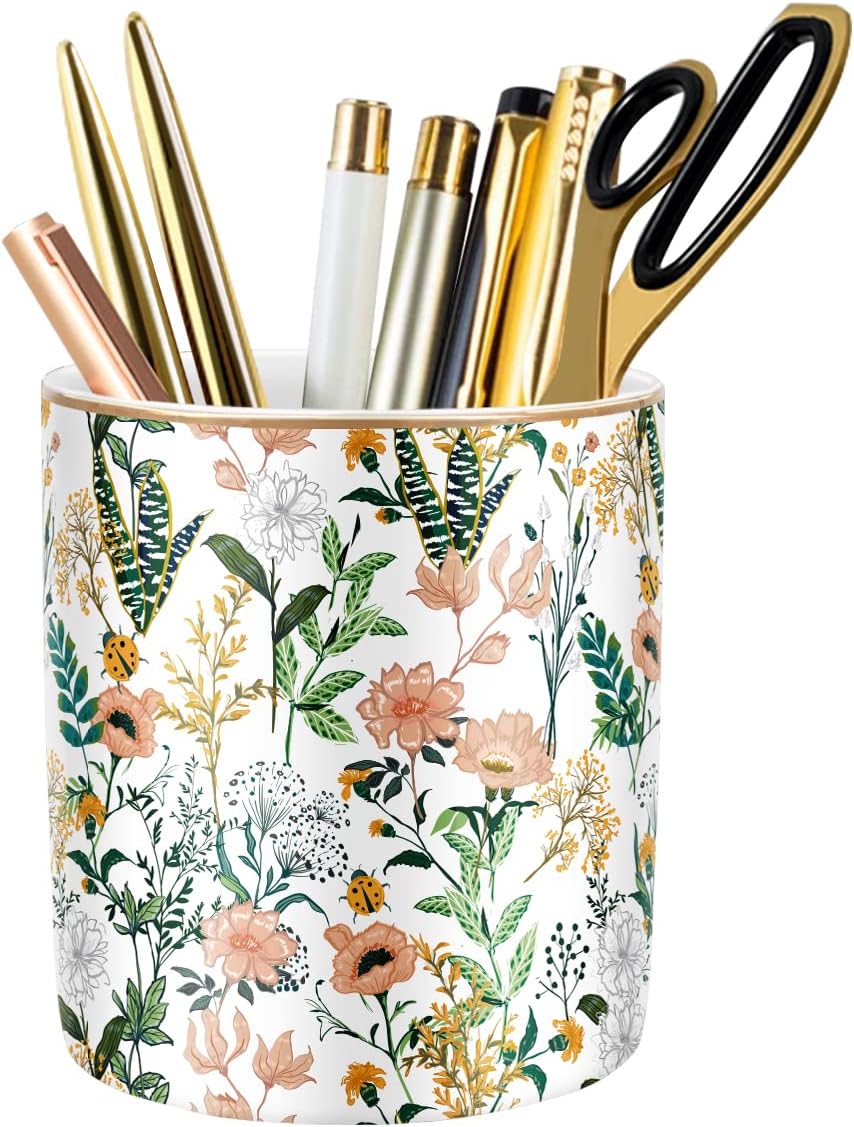 Large Capacity Colored Pen Holder for Desk, Ceramic Pencil Holder Pen Cup Marker Holder Makeup Brush Holders, Desk Accessories & Workspace Organizers for Home, Office, White Flower