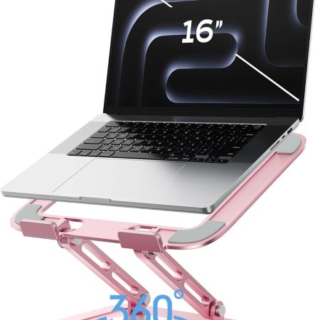Adjustable Laptop Stand, Computer Stand with 360 Rotating Base, Ergonomic Laptop Riser Mount for Desk Foldable Protable Computer Desk Fits with   (10-16") - Pink