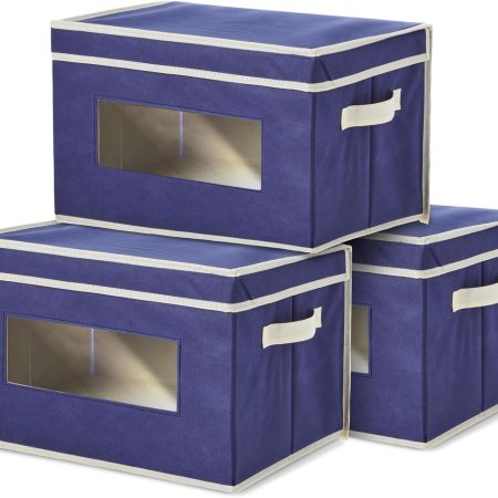 3 Pack Stackable Storage Bins with Lids, Handles, Foldable for Closet Organization (12 Inch, Navy Blue) - Storage Box - Closet Organizer