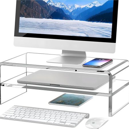 Clear Acrylic Monitor Stand Riser 2 Tier, 5.12 Inches High Clear Computer Desk Organizer Shelf for Multi Media PC Storage Laptop