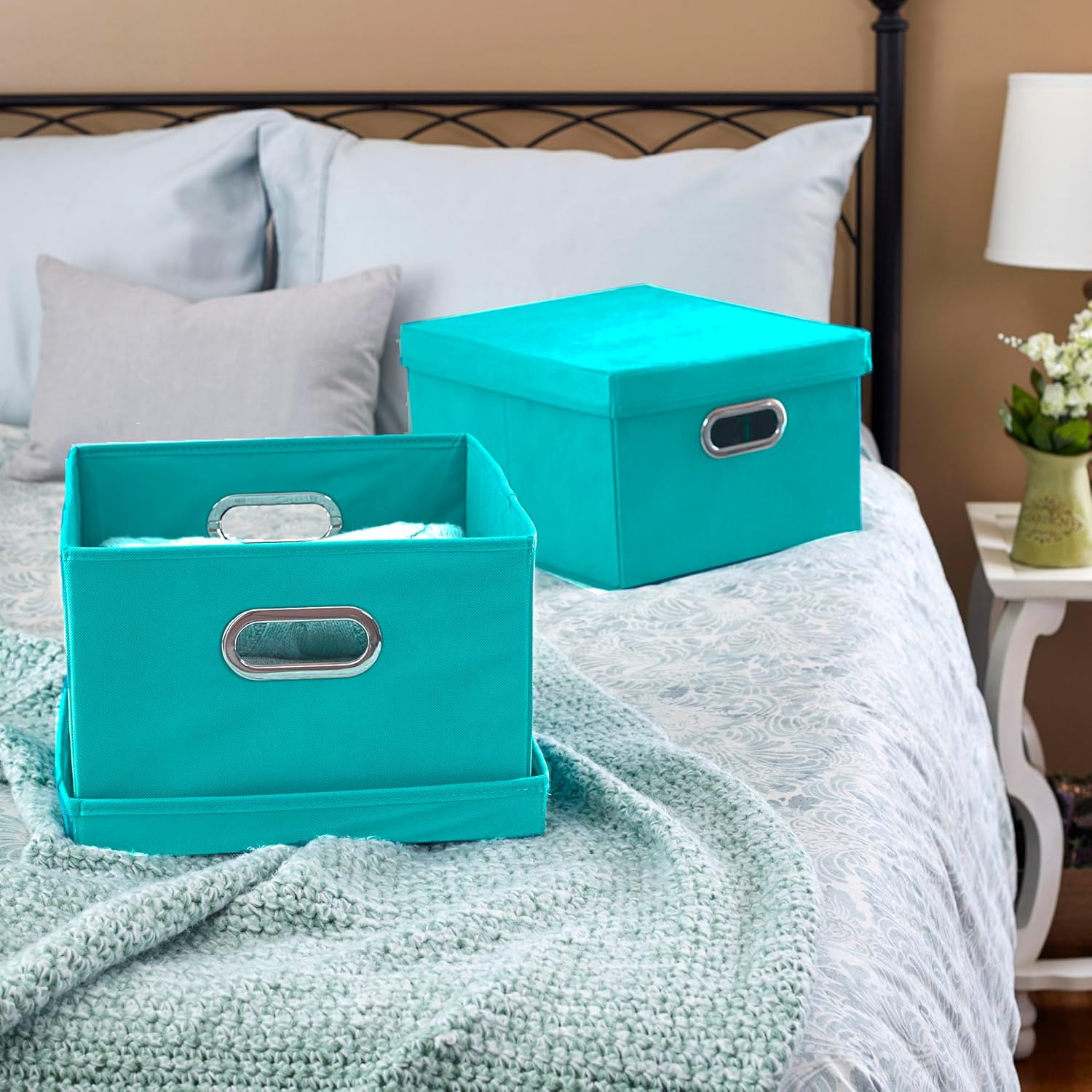 Fabric Storage Boxes with Lids and Handles, Aqua - Image 2