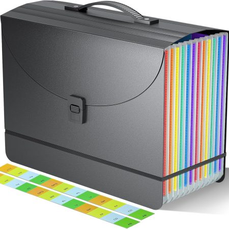 Expanding File Folder/Accordion File Organizer/Portable File Box with 13 Pockets, Filing Folders with Handle,Perfect for Both Standing and Carrying,A4/Letter Size,Colored Tabs,Black Matte