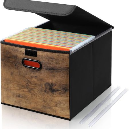 Decorative File Organizer Box with Wood Grain Pattern, Portable File Folder Box with Lid, Easy Slide, Durable Hanging, Collapsible, Polyester, for Letter Legal Storage, Office, Home, Wooden Decor