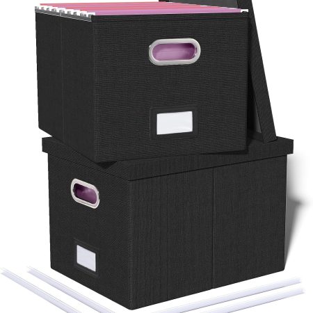 2 Pack File Storage Organizer, Filing Box, Portable File Box with Lid, Fit for Letter/Legal File Folder Storage, Document Organizer, Black