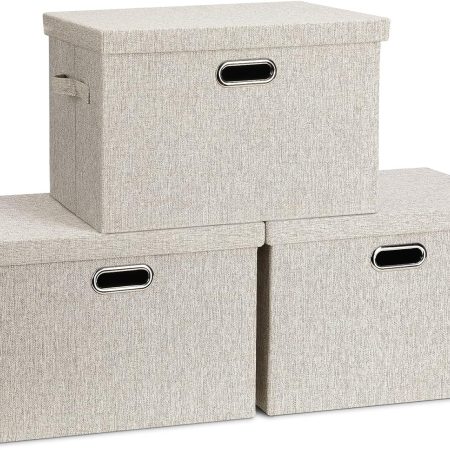 Large 17" 36 Quart Collapsible Stackable Storage Bins with Lids, 3 Packs Beige Linen Fabric Closet Boxes with Lids, Storage Cube Baskets Container Organizers for Bedroom Office(17 x12 x11)