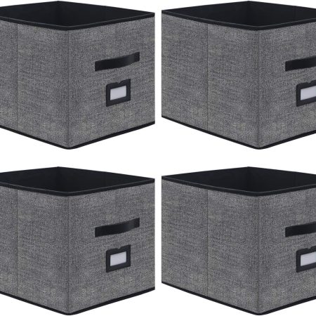 Extra Large Foldable Cloth Storage Cubes 4 Pack with Label Holders - Fabric Storage Bins Baskets Organizers for Home Office Nursery with Handles, 13 L x 15 W x 13 H Inch, Black,