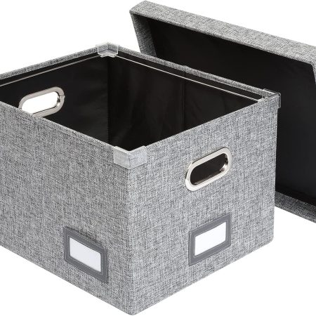 Collapsible File Box with Lid, Includes File Frame for Letter and Legal Hanging File Folders, Metal Handles, Labels, Heather Gray (41790)